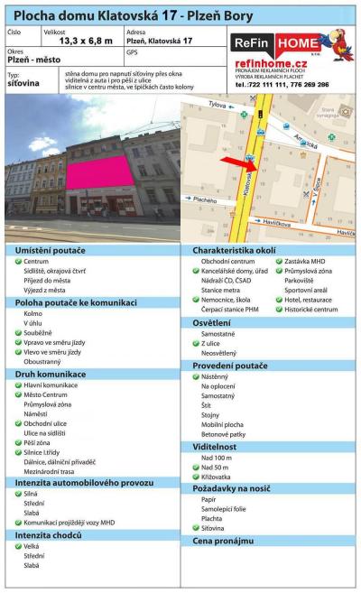 REKLAMNÍ PLOCHA PLZEŇ Č.9 BILLBOARDY PLZEŇ - Klatovská 17