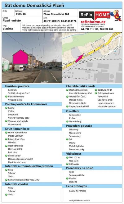 REKLAMNÍ PLOCHA PLZEŇ Č.10 BILLBOARDY PLZEŇ - Domažlická 104