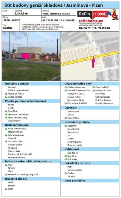 REKLAMNÍ PLOCHA PLZEŇ Č.6 BILLBOARDY PLZEŇ čerp.stanice - Skladová x Jasmínová